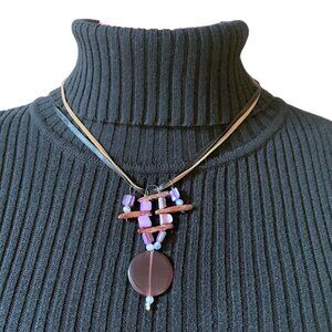 CREATION - Short Necklace - Violet pendant - black & brown ribbons